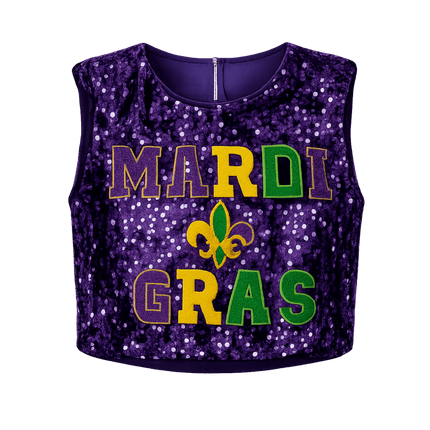 Mardi Gras Sequin Crop Top T-Shirt Purple - Mardi Gras Apparel - Adult, Crop Top, Ladies - Crop Top