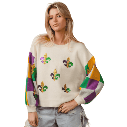 Mardi Gras Sequin Embroidery Checker Sweater Top - Mardi Gras Apparel - Adult, Bibi, Bibi Top Chart - Sweaters