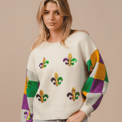 Mardi Gras Sequin Embroidery Checker Sweater Top - Mardi Gras Apparel - Adult, Bibi, Bibi Top Chart - Sweaters