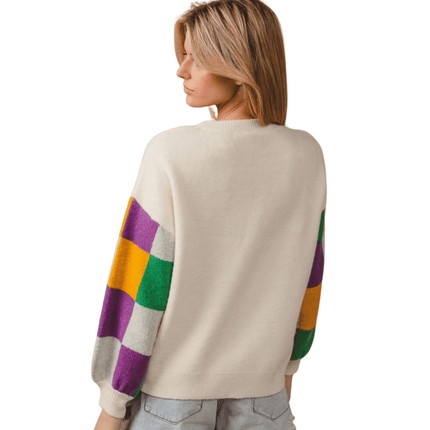 Mardi Gras Sequin Embroidery Checker Sweater Top - Mardi Gras Apparel - Adult, Bibi, Bibi Top Chart - Sweaters