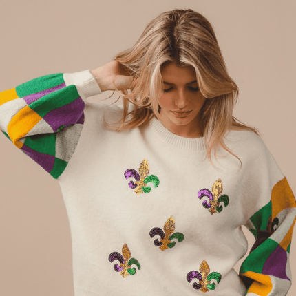 Mardi Gras Sequin Embroidery Checker Sweater Top - Mardi Gras Apparel - Adult, Bibi, Bibi Top Chart - Sweaters