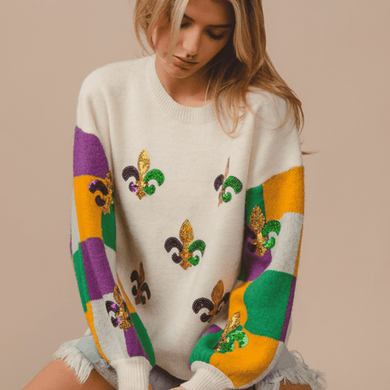 Mardi Gras Sequin Embroidery Checker Sweater Top - Mardi Gras Apparel - Adult, Bibi, Bibi Top Chart - Sweaters