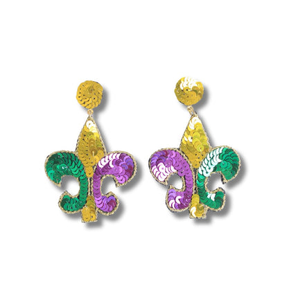 Mardi Gras Sequin Fleur De Lis Drop Earrings - Mardi Gras Apparel - Accessories, Earrings, Ladies - Earrings