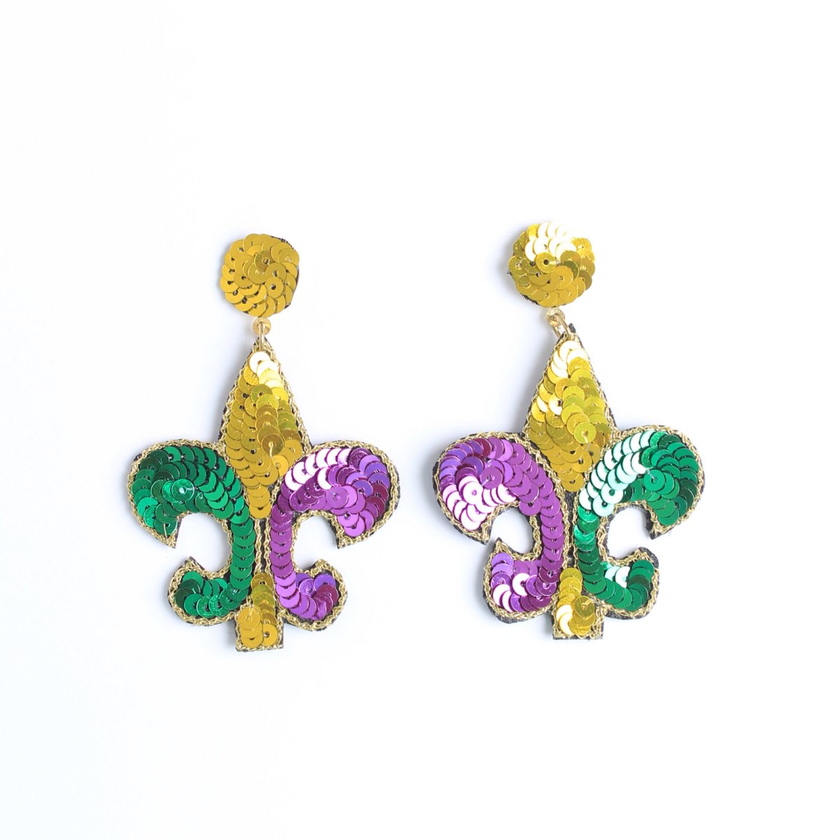 Mardi Gras Sequin Fleur De Lis Drop Earrings - Mardi Gras Apparel - Accessories, Earrings, Ladies - Earrings