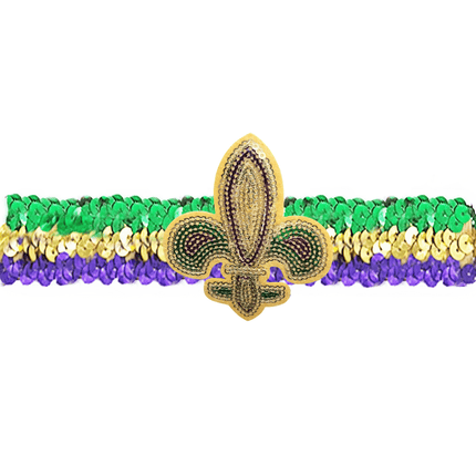 Mardi Gras Sequin Fleur - de - Lis Headband - Mardi Gras Apparel - Accessories, Gold, Green - Headband