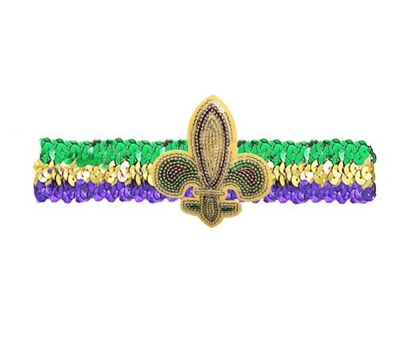 Mardi Gras Sequin Fleur - de - Lis Headband - Mardi Gras Apparel - Accessories, Gold, Green - Headband