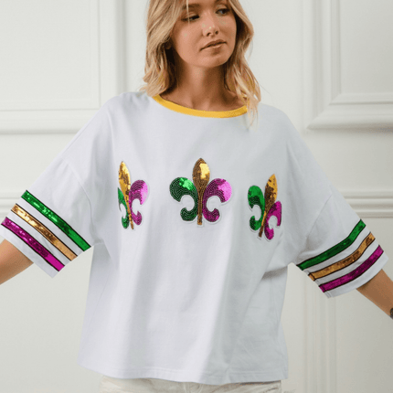 Mardi Gras Sequin Fleur De Lis Patches Top - Mardi Gras Apparel - Adult, Bibi, Bibi Top Chart - Sequin Tops