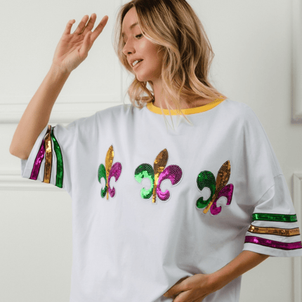 Mardi Gras Sequin Fleur De Lis Patches Top - Mardi Gras Apparel - Adult, Bibi, Bibi Top Chart - Sequin Tops