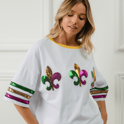 Mardi Gras Sequin Fleur De Lis Patches Top - Mardi Gras Apparel - Adult, Bibi, Bibi Top Chart - Sequin Tops