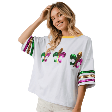 Mardi Gras Sequin Fleur De Lis Patches Top - Mardi Gras Apparel - Adult, Bibi, Bibi Top Chart - Sequin Tops