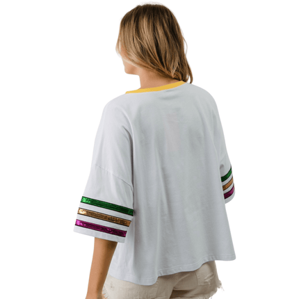 Mardi Gras Sequin Fleur De Lis Patches Top - Mardi Gras Apparel - Adult, Bibi, Bibi Top Chart - Sequin Tops