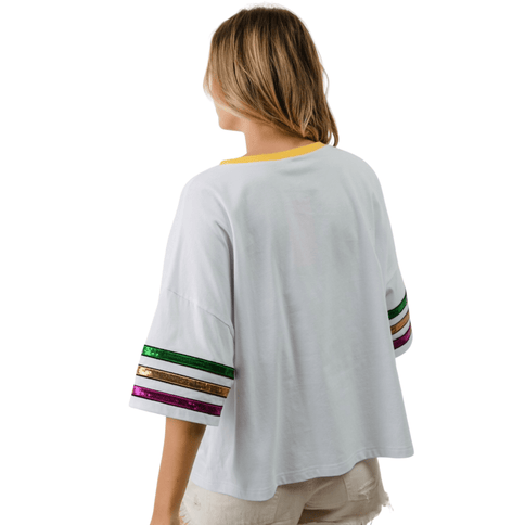 Mardi Gras Sequin Fleur De Lis Patches Top - Mardi Gras Apparel - Adult, Bibi, Bibi Top Chart - Sequin Tops