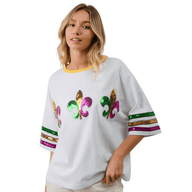 Mardi Gras Sequin Fleur De Lis Patches Top - Mardi Gras Apparel - Adult, Bibi, Bibi Top Chart - Sequin Tops