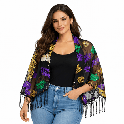 Mardi Gras Sequin Fleur De Lis Sheer Wrap Shawl - Mardi Gras Apparel - Accessories, apparel discount tier, Fat Savings 50% Off - Shawl