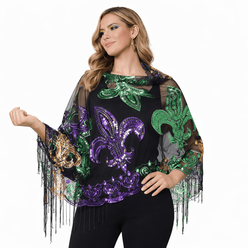 Mardi Gras Sequin Fleur De Lis Sheer Wrap Shawl - Mardi Gras Apparel - Accessories, apparel discount tier, Ladies - Shawl