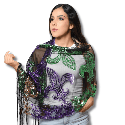 Mardi Gras Sequin Fleur De Lis Sheer Wrap Shawl - Mardi Gras Apparel - Accessories, Ladies, Mardi Gras - Wrap Shawl