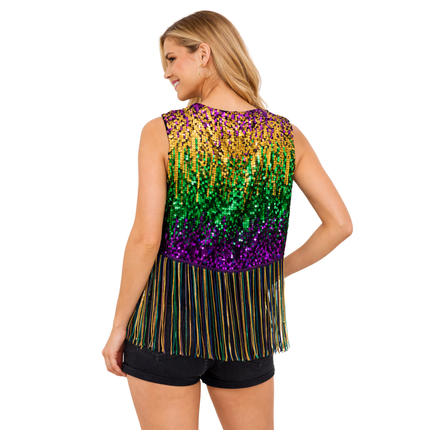 Mardi Gras Sequin Fringe Crop Vest – Purple, Green & Gold - Mardi Gras Apparel - Adult, Ladies, Mardi Gras - Vest