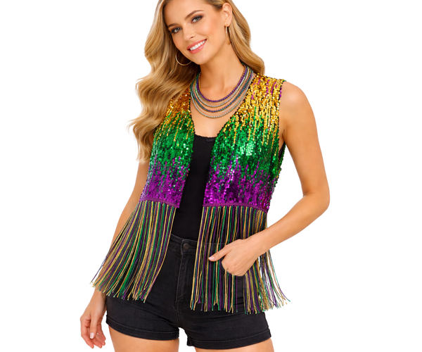 Mardi Gras Sequin Fringe Crop Top Vest | Purple Gold Green - Mardi