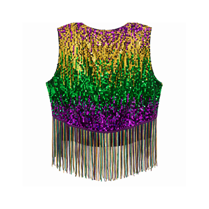 Mardi Gras Sequin Fringe Crop Vest – Purple, Green & Gold - Mardi Gras Apparel - Adult, Ladies, Mardi Gras - Vest