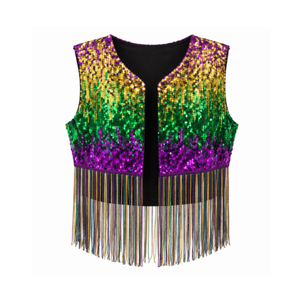 Mardi Gras Sequin Fringe Crop Vest – Purple, Green & Gold - Mardi Gras Apparel - Adult, Ladies, Mardi Gras - Vest