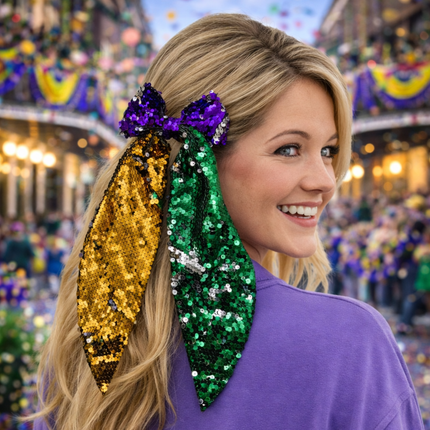 Mardi Gras Sequin Hair Bow - Mardi Gras Apparel - Accessories, Adult, Hair Bow - Hair Bow