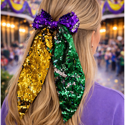 Mardi Gras Sequin Hair Bow - Mardi Gras Apparel - Accessories, Adult, Hair Bow - Hair Bow