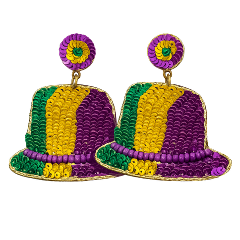 Mardi Gras Sequin Hat Drop Earrings - Mardi Gras Apparel - Accessories, Adult, Earrings - Earrings