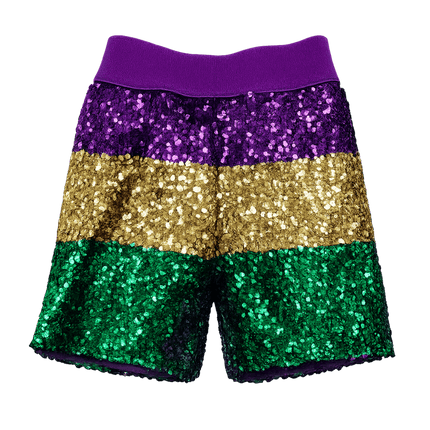 Mardi Gras Sequin High - Waist Shorts – Purple, Gold & Green - Mardi Gras Apparel - Adult, Ladies, Sequin - Shorts