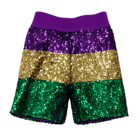 Mardi Gras Sequin High - Waist Shorts – Purple, Gold & Green - Mardi Gras Apparel - Adult, Ladies, Sequin - Shorts