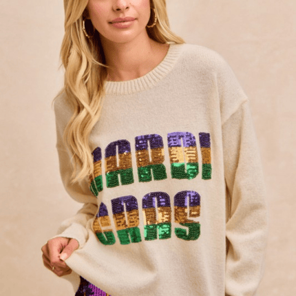 Mardi Gras Sequin Lattering Knit Top - Mardi Gras Apparel - Adult, Bibi, Bibi Top Chart - Sweaters