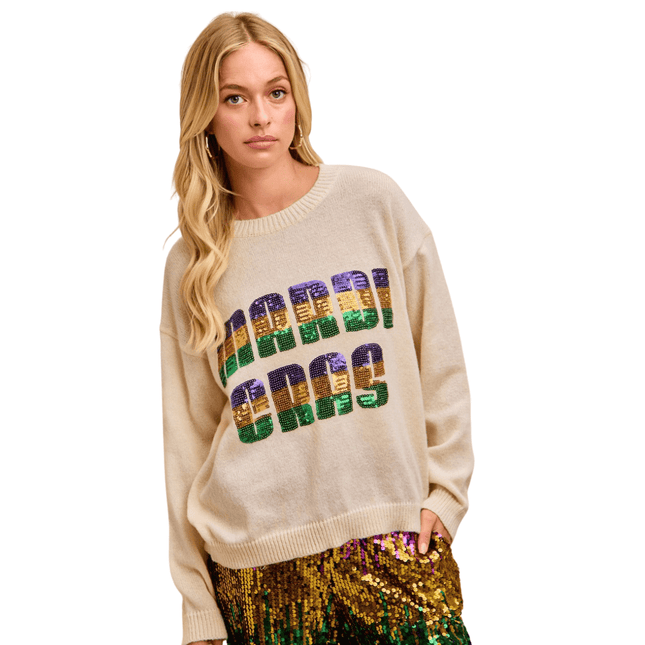 Mardi Gras Sequin Lattering Knit Top - Mardi Gras Apparel - Adult, Bibi, Bibi Top Chart - Sweaters