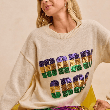 Mardi Gras Sequin Lattering Knit Top - Mardi Gras Apparel - Adult, Bibi, Bibi Top Chart - Sweaters