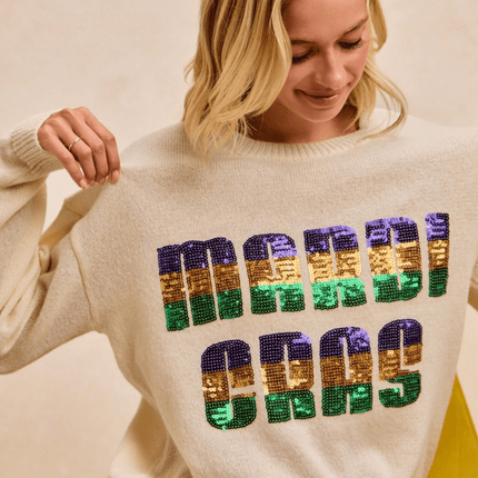Mardi Gras Sequin Lattering Knit Top - Mardi Gras Apparel - Adult, Bibi, Bibi Top Chart - Sweaters