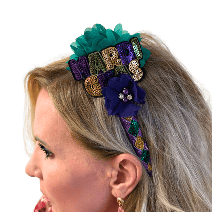 Mardi Gras Sequin Letter & Floral Headband - Mardi Gras Apparel - Accessories, Headbands, Mardi Gras - Headband