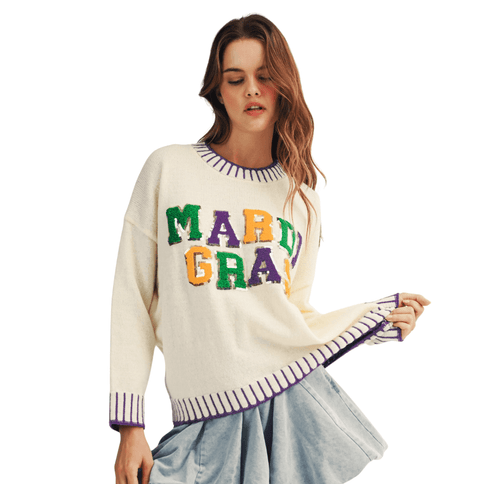 Mardi Gras Sequin Letter Knit Sweater - Mardi Gras Apparel - Adult, Bibi, Bibi Top Chart - Sweaters