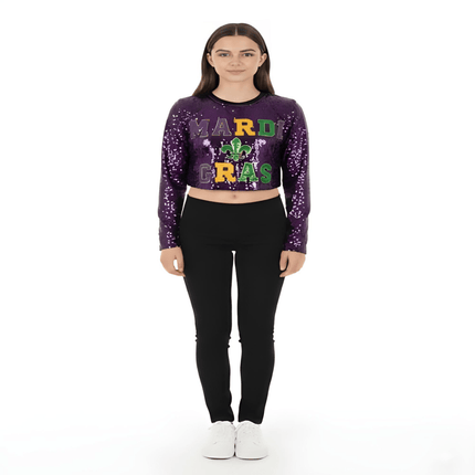 Mardi Gras Sequin Long Sleeve Crop Top with Fleur - De - Lis - Mardi Gras Apparel - Adult, Crop Top, Ladies - Crop Top