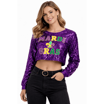 Mardi Gras Sequin Long Sleeve Crop Top with Fleur - De - Lis - Mardi Gras Apparel - Adult, Crop Top, Ladies - Crop Top