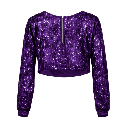 Mardi Gras Sequin Long Sleeve Crop Top with Fleur - De - Lis - Mardi Gras Apparel - Adult, Crop Top, Ladies - Crop Top