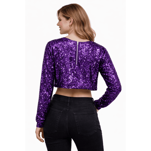 Mardi Gras Sequin Long Sleeve Crop Top with Fleur - De - Lis - Mardi Gras Apparel - Adult, Crop Top, Ladies - Crop Top