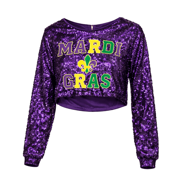 Mardi Gras Sequin Long Sleeve Crop Top with Fleur - De - Lis - Mardi Gras Apparel - Adult, Crop Top, Ladies - Crop Top