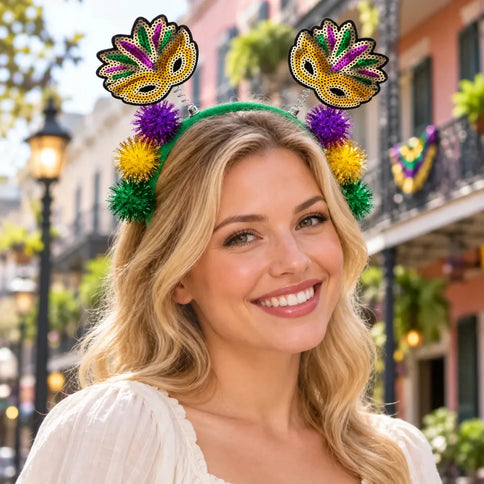 Mardi Gras Sequin Mask Headband with Pom-Poms - Mardi Gras Apparel - Accessories, Headbands, Mardi Gras - Headband