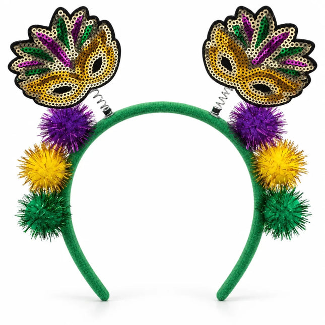Mardi Gras Sequin Mask Headband with Pom-Poms - Mardi Gras Apparel - Accessories, Headbands, Mardi Gras - Headband
