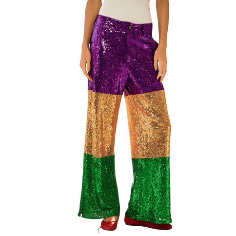 Mardi Gras Sequin Pants - Mardi Gras Apparel - Adult, Gold, Green - Leggings