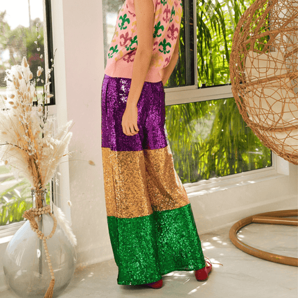 Mardi Gras Sequin Pants - Mardi Gras Apparel - Adult, Gold, Green - Leggings