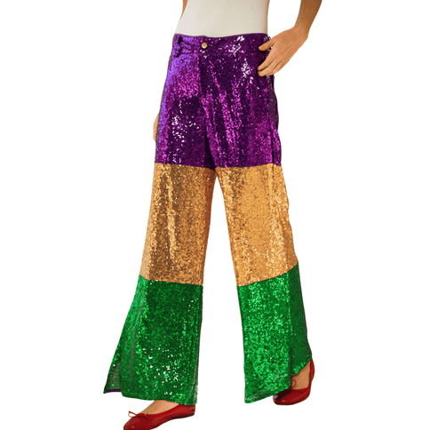 Mardi Gras Sequin Pants - Mardi Gras Apparel - Adult, Gold, Green - Leggings