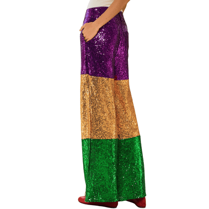 Mardi Gras Sequin Pants - Mardi Gras Apparel - Adult, Gold, Green - Leggings