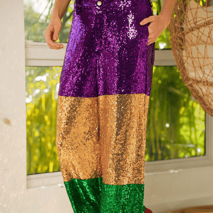 Mardi Gras Sequin Pants - Mardi Gras Apparel - Adult, Gold, Green - Leggings