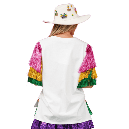 Mardi Gras Sequin Patch White Top With Foil Tassels - Mardi Gras Apparel - Adult, Black, Fleur de Lis - Sequin