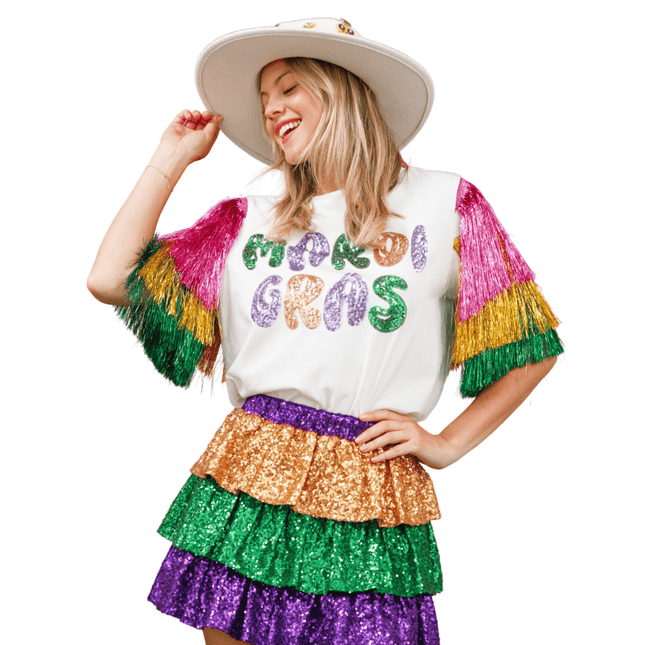 Mardi Gras Sequin Patch White Top With Foil Tassels - Mardi Gras Apparel - Adult, Black, Fleur de Lis - Sequin