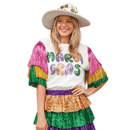 Mardi Gras Sequin Patch White Top With Foil Tassels - Mardi Gras Apparel - Adult, Black, Fleur de Lis - Sequin